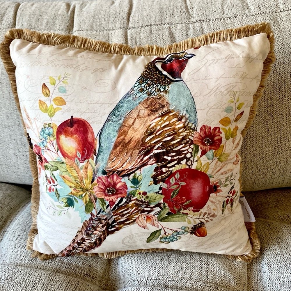 Autumn Hill Throw Pillow
Beaded Fall Pheasant Acorn Flower Berries 15"×15"
